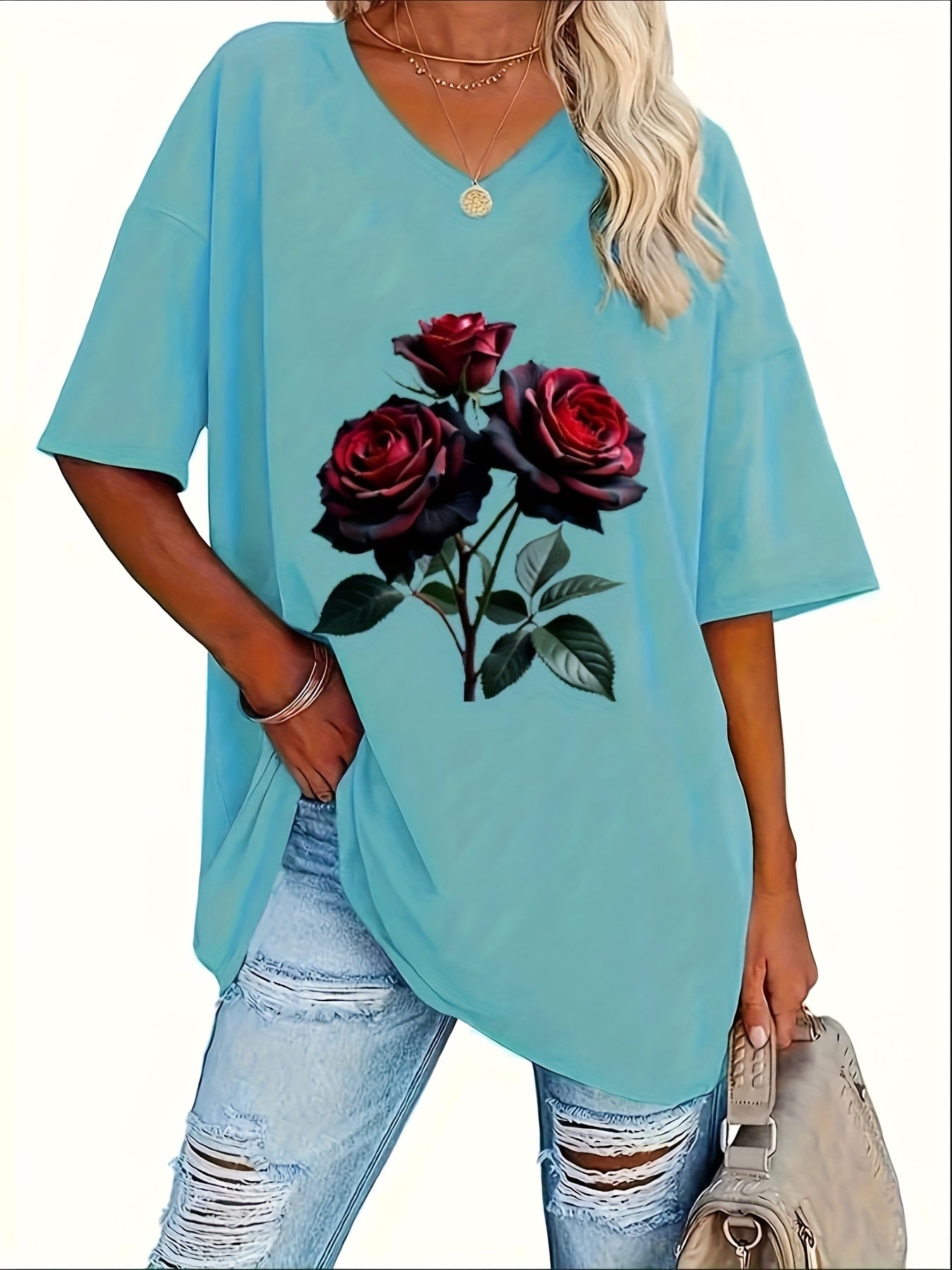 Plus Size V‑Neck Printed Short‑Sleeve Tee – Trendy Women’s Top