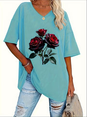 Plus Size V‑Neck Printed Short‑Sleeve Tee – Trendy Women’s Top