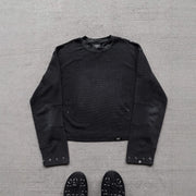 Waffle-Print Retro Loose-Fit Rivet Round-Neck T-Shirt