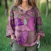 Elegant Floral Pullover Top – Loose Fit, Three-Quarter Sleeve