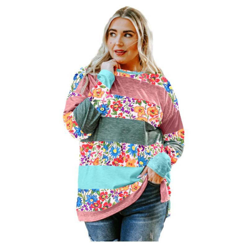 Plus Size Green Color Block Loose Long Sleeve Top