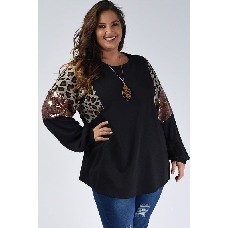 Plus Size Leopard Print Long Sleeve Pullover Sweatshirt