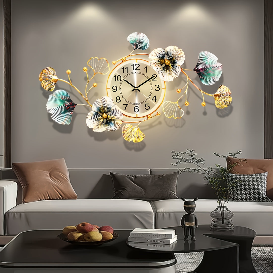 Golden Modern 3D Ginkgo Leaf Decoration Wall Clocks, 37x20 Inche Large Wall Clocks, Silent Creative Decorative Clock, Creative Metal Flower Wall Clock, for Living Room Bedroom Kitchen