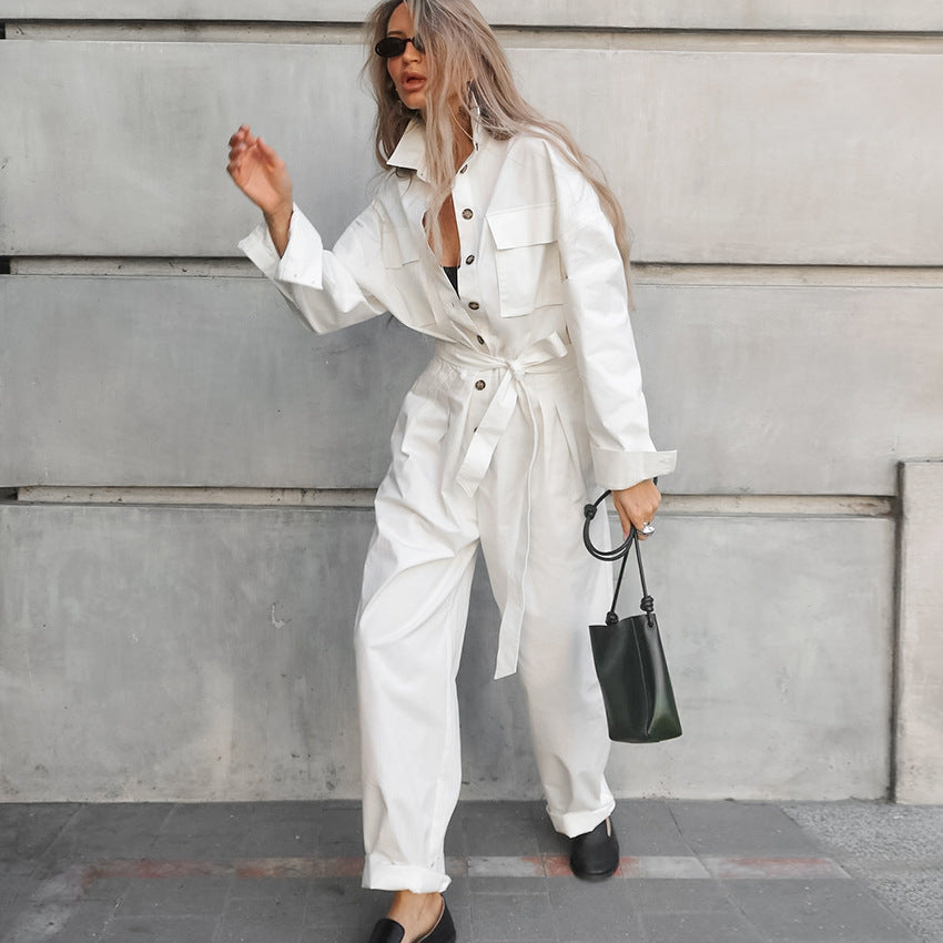 Fashion Polo Collar Long Sleeve Casual Wide Leg Jumpsuit