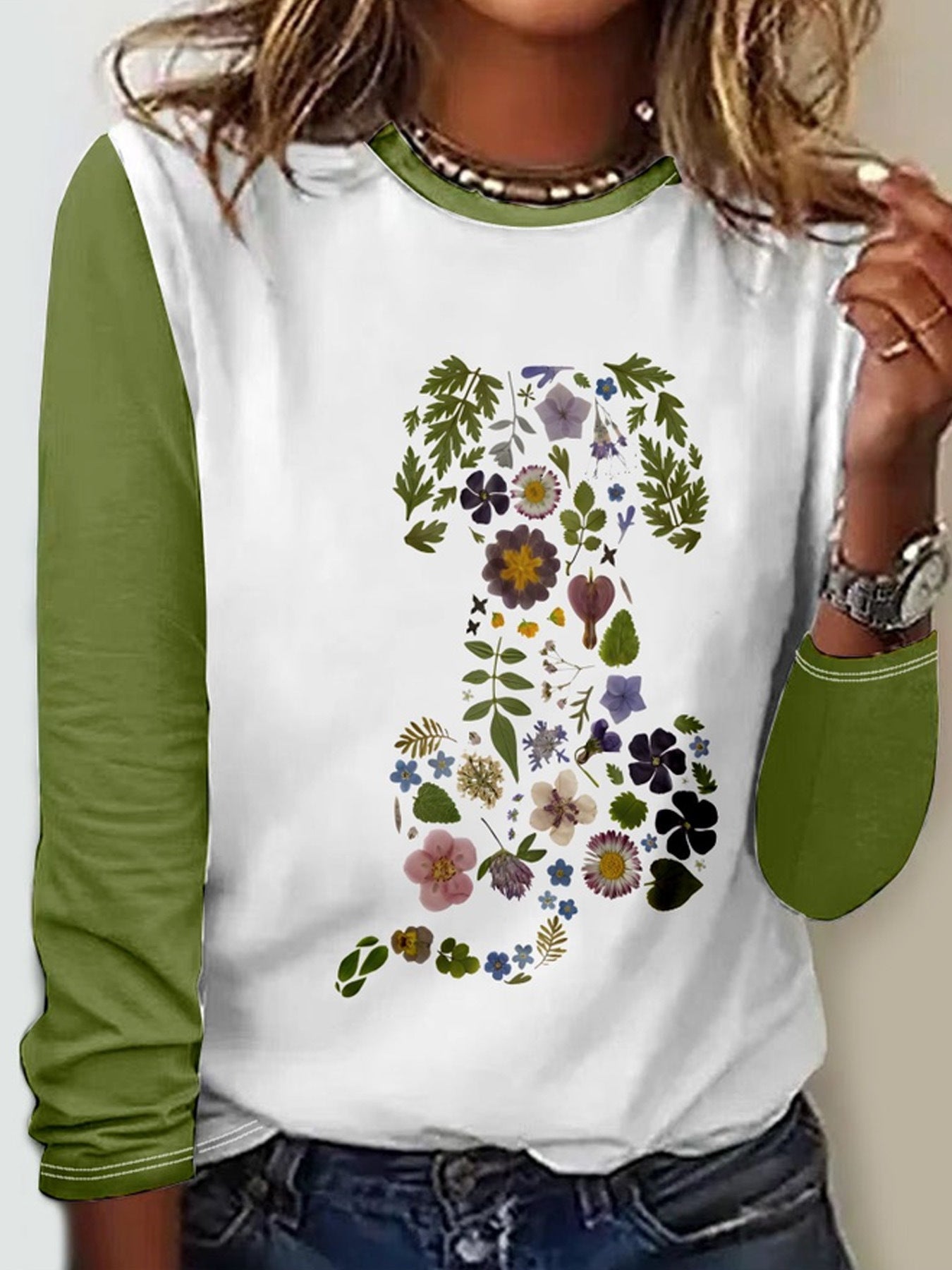 Floral Print Long Sleeve Pullover Round Neck Top for Women
