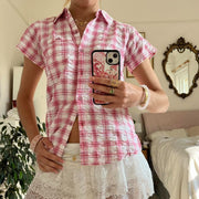 Women's Loose Fit Plaid Short Sleeve Shirt – Casual Pocket Top