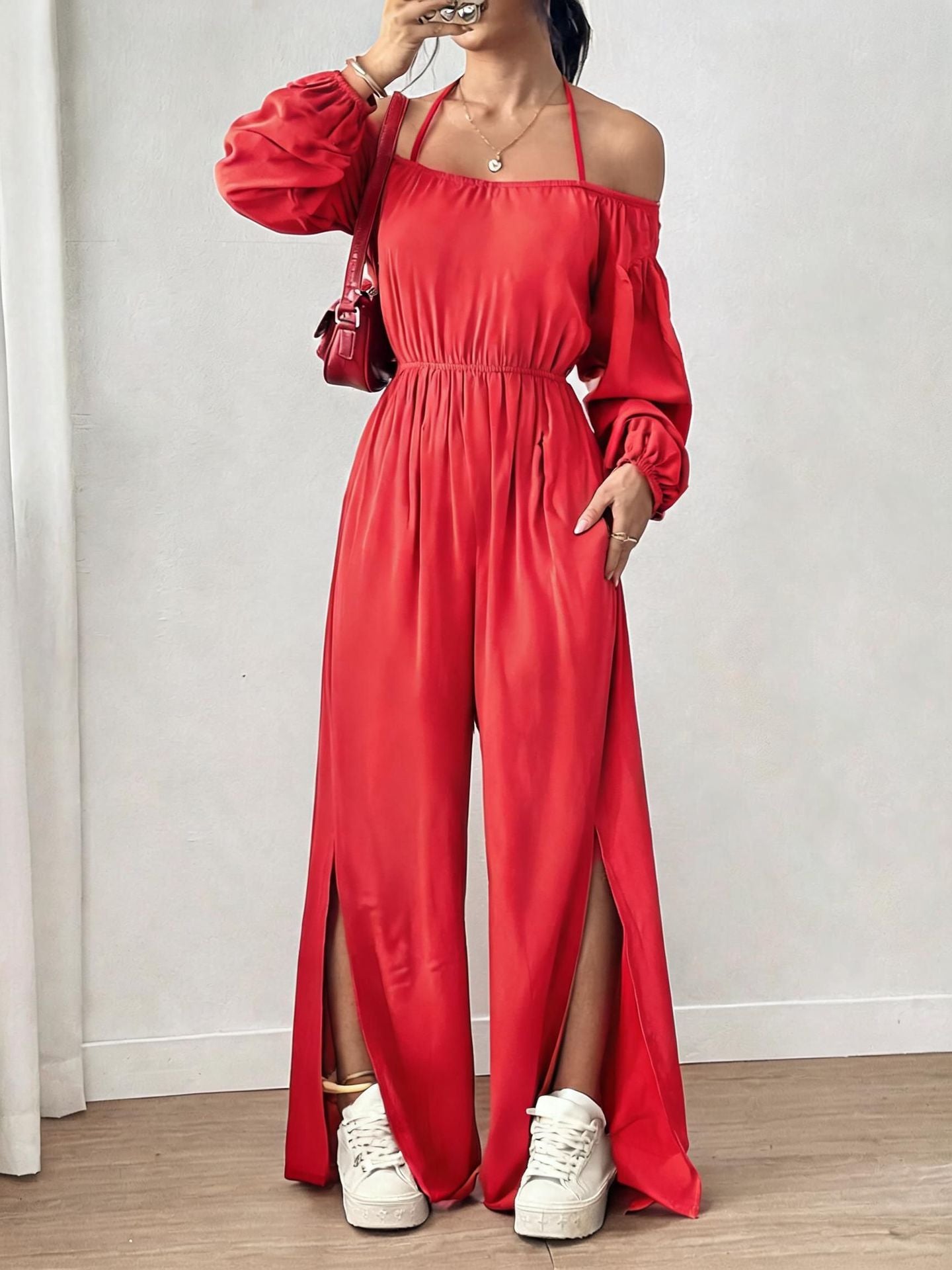 Women's Casual Strapless Slit Wide-Leg Jumpsuit