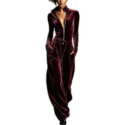 Stand-collar Zip-up Deep-V Velvet Jumpsuit