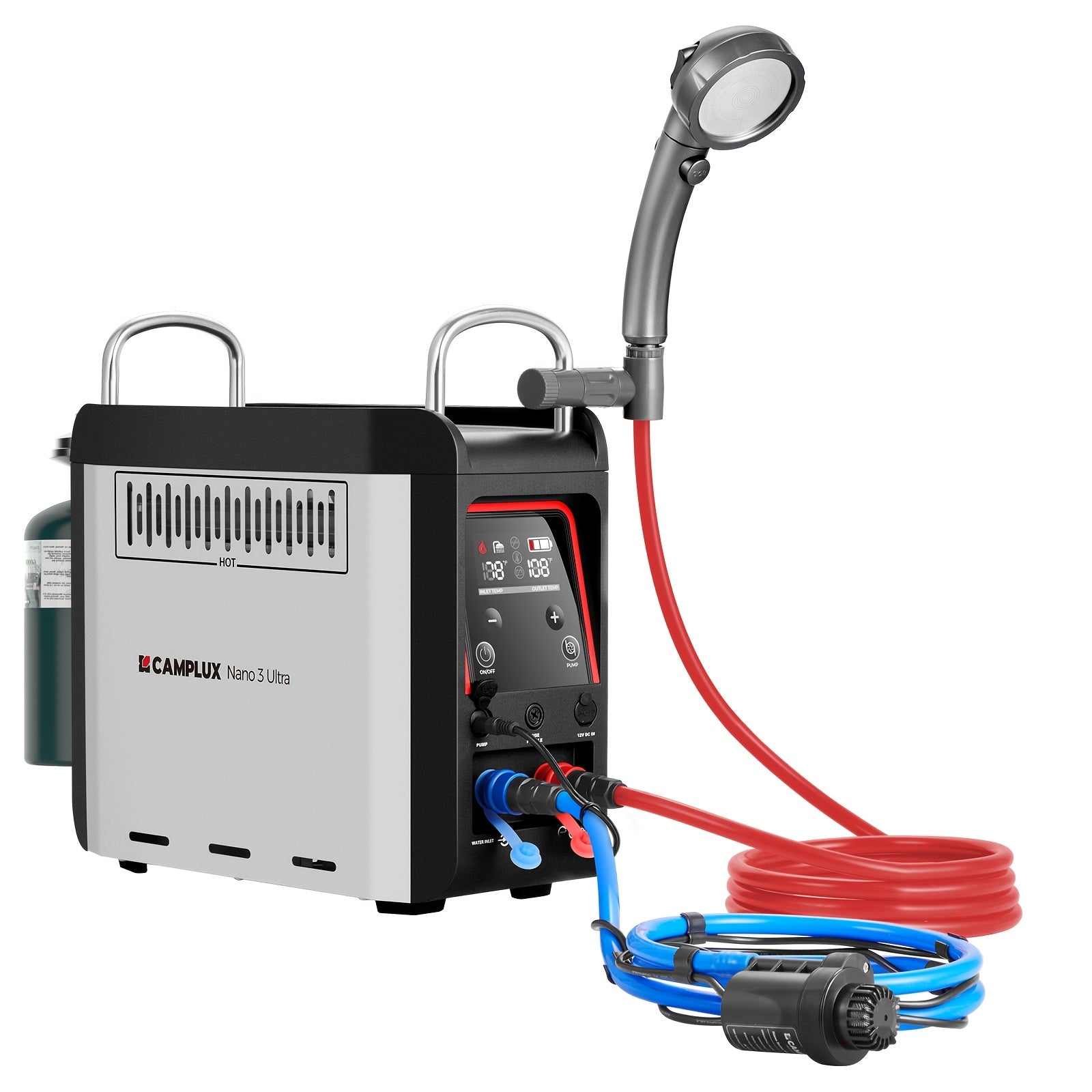 Portable Propane Water Heater with Pump and Instant Hot Shower – Nano 3 Pro, Lightweight Outdoor System for RV Camping (1 lb Gas Included)