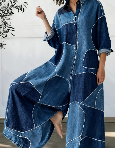 Retro Patchwork Casual Long-Sleeve Wide-Leg Jumpsuit