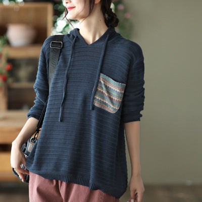 Casual Cotton Knitted Patch Hoodie for Women