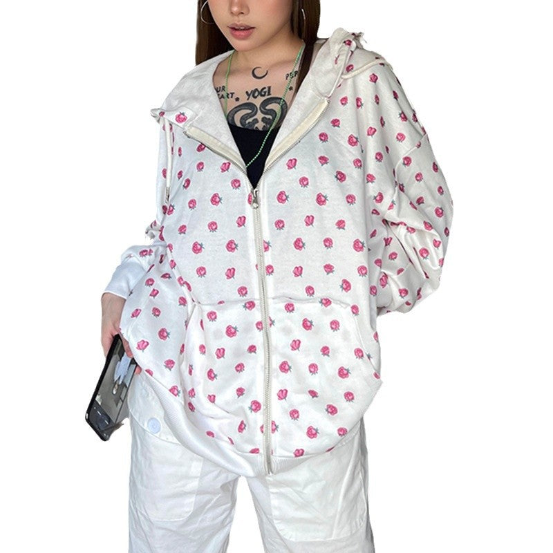 Sweet Rose Print Zip-Up Hoodie
