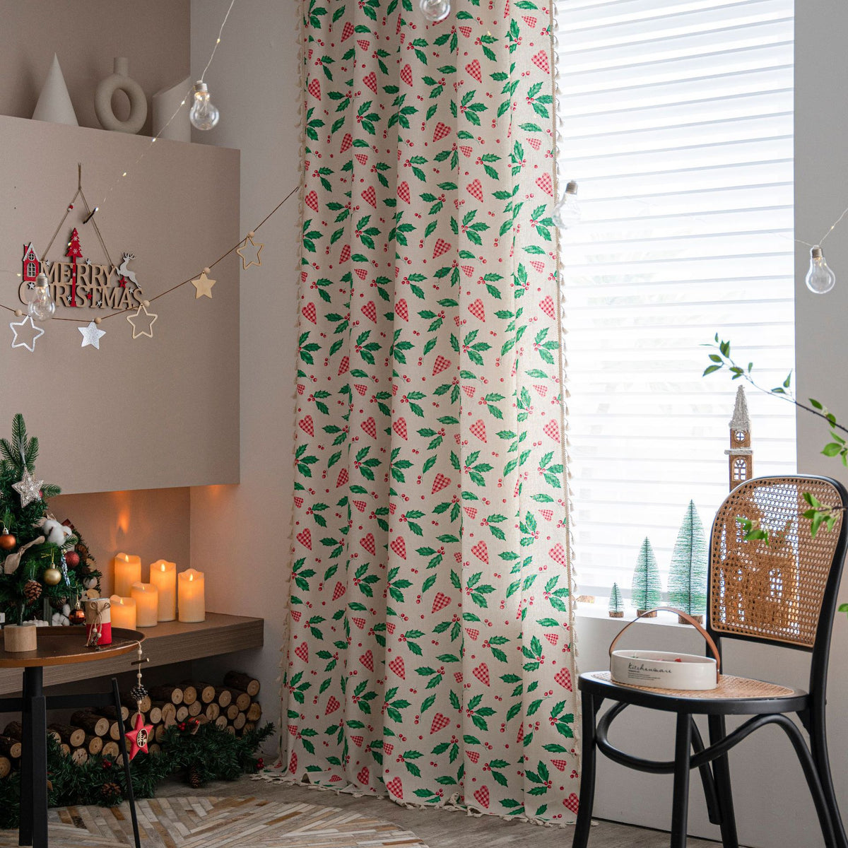 Pine Branch Christmas Semi-blackout Partition Sheer Curtain