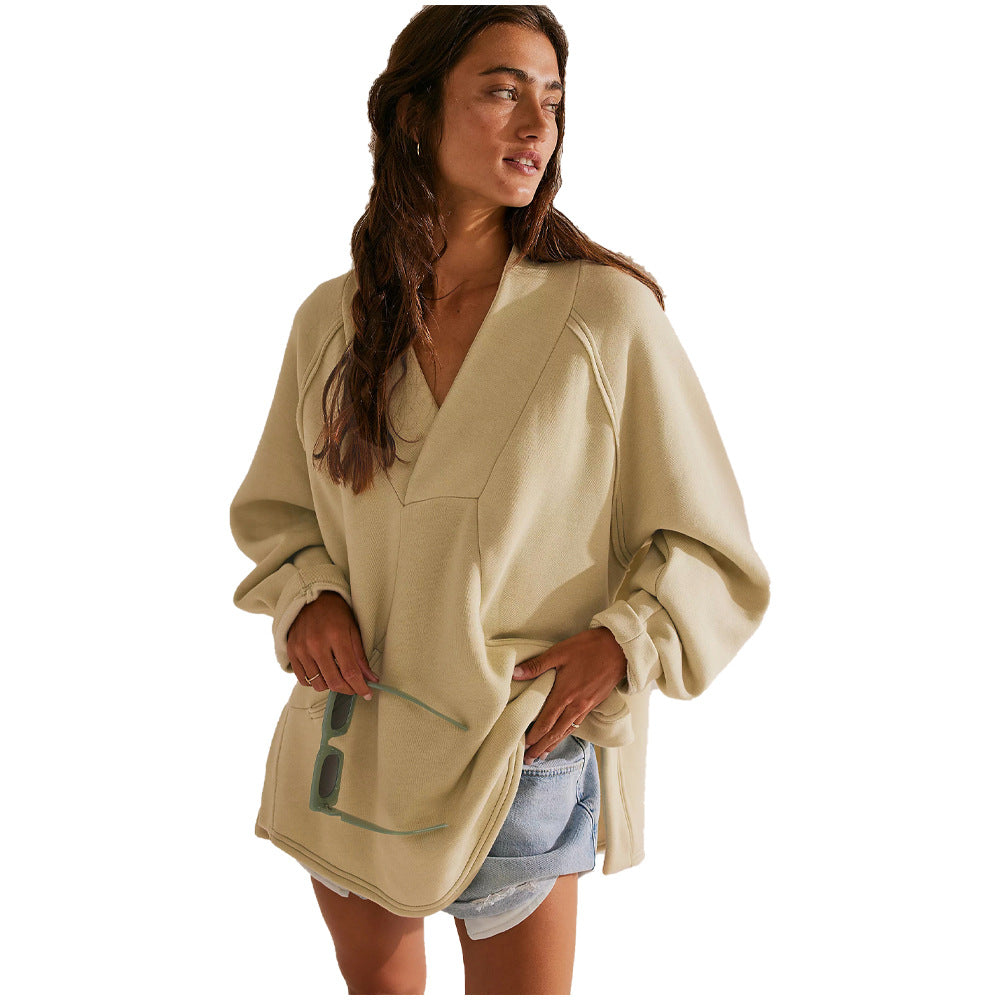 Casual Deep V-Neck Loose Pocket Sweatshirt for Women