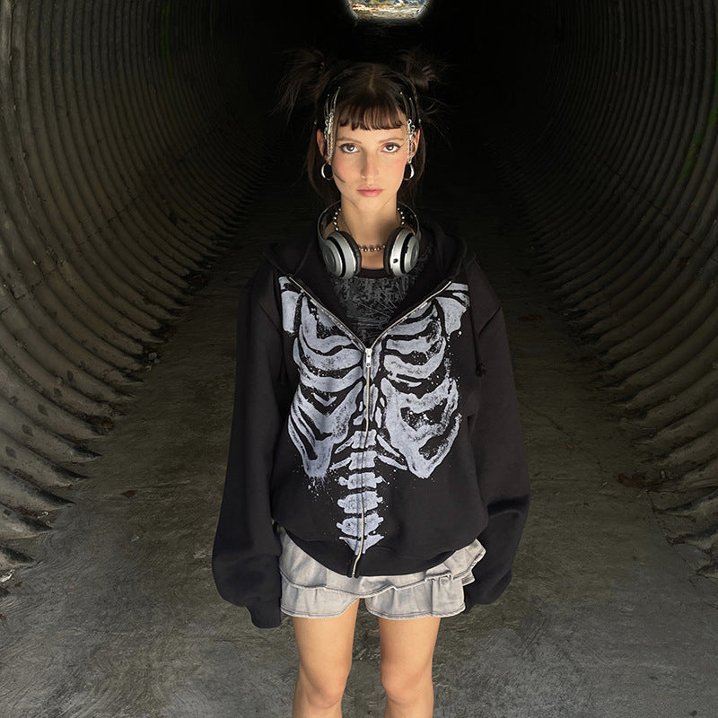 Edgy Skeleton Print Long Sleeve Cardigan Sweatshirt