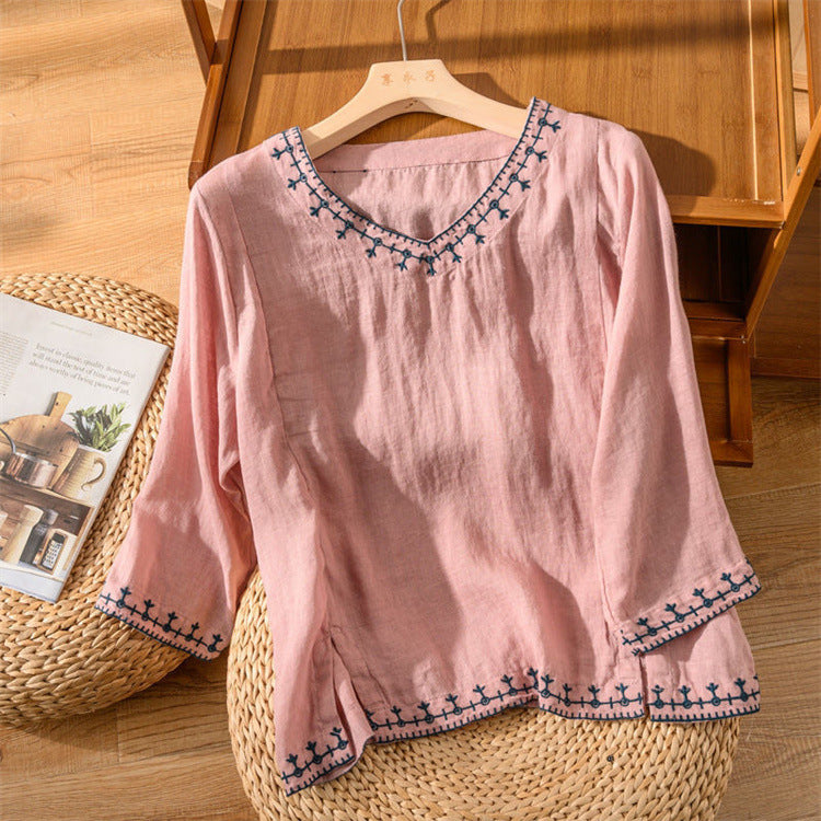 Embroidered Cotton Linen V-Neck Top