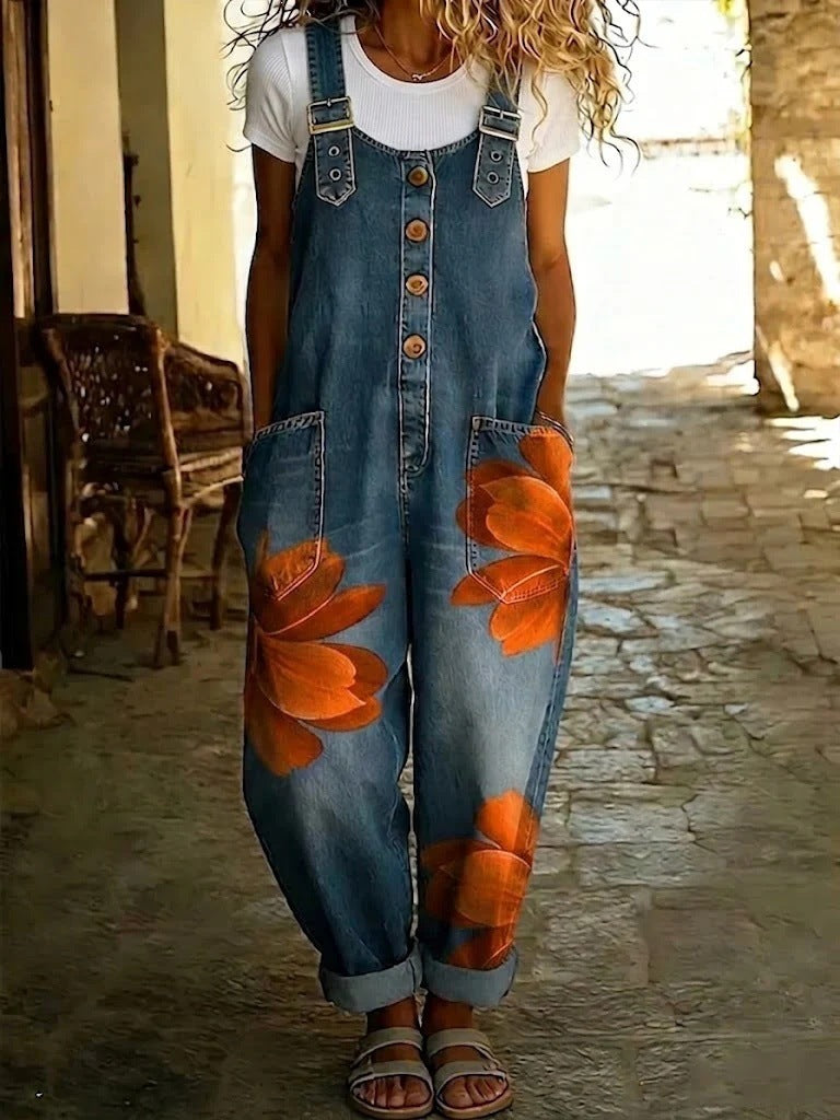 Floral Print Sleeveless Denim-Style Jumpsuit