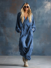 Plus-Size Hooded Denim Overalls with Pockets