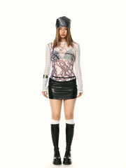 See-through Mesh Slim Fit Long Sleeve Plaid Underwear T-shirt Top