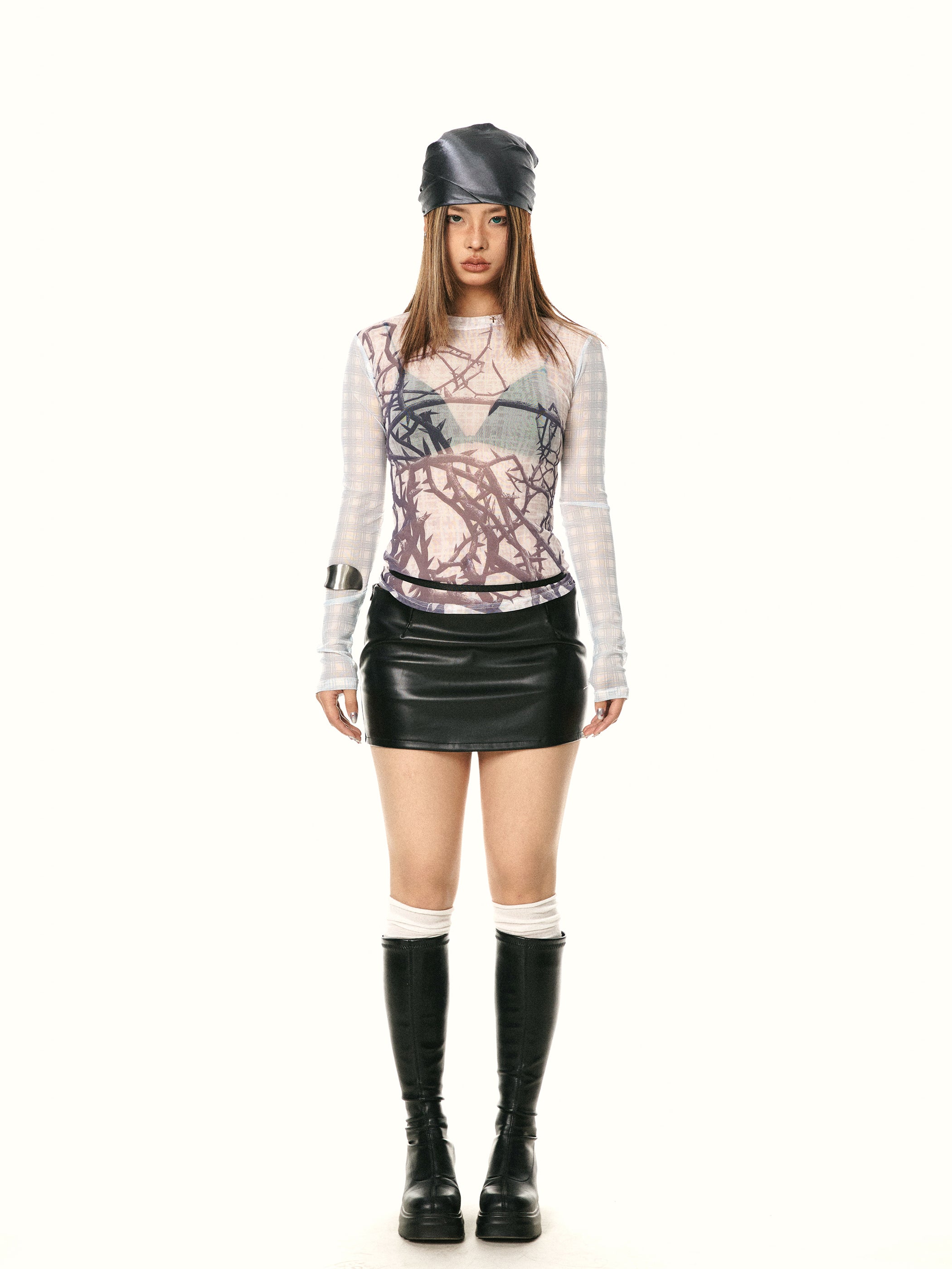 See-through Mesh Slim Fit Long Sleeve Plaid Underwear T-shirt Top