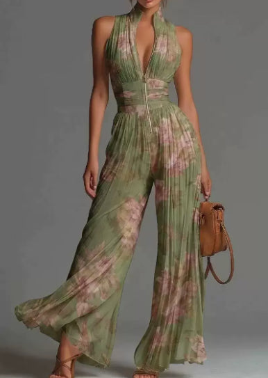 Elegant White Pleated Halter Wide-Leg Jumpsuit