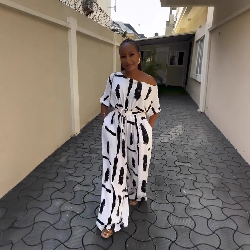 Off-shoulder Printed Short-sleeve Jumpsuit Womens Plus-size Top