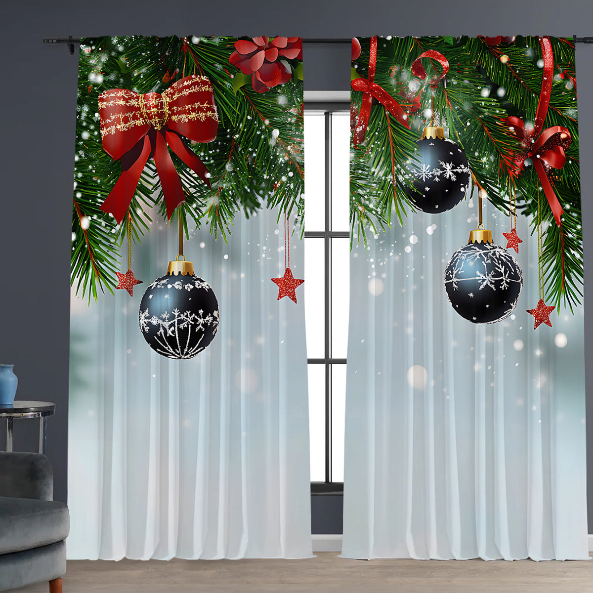 2pcs Christmas Curtain 3d Digital Printing Flower Type