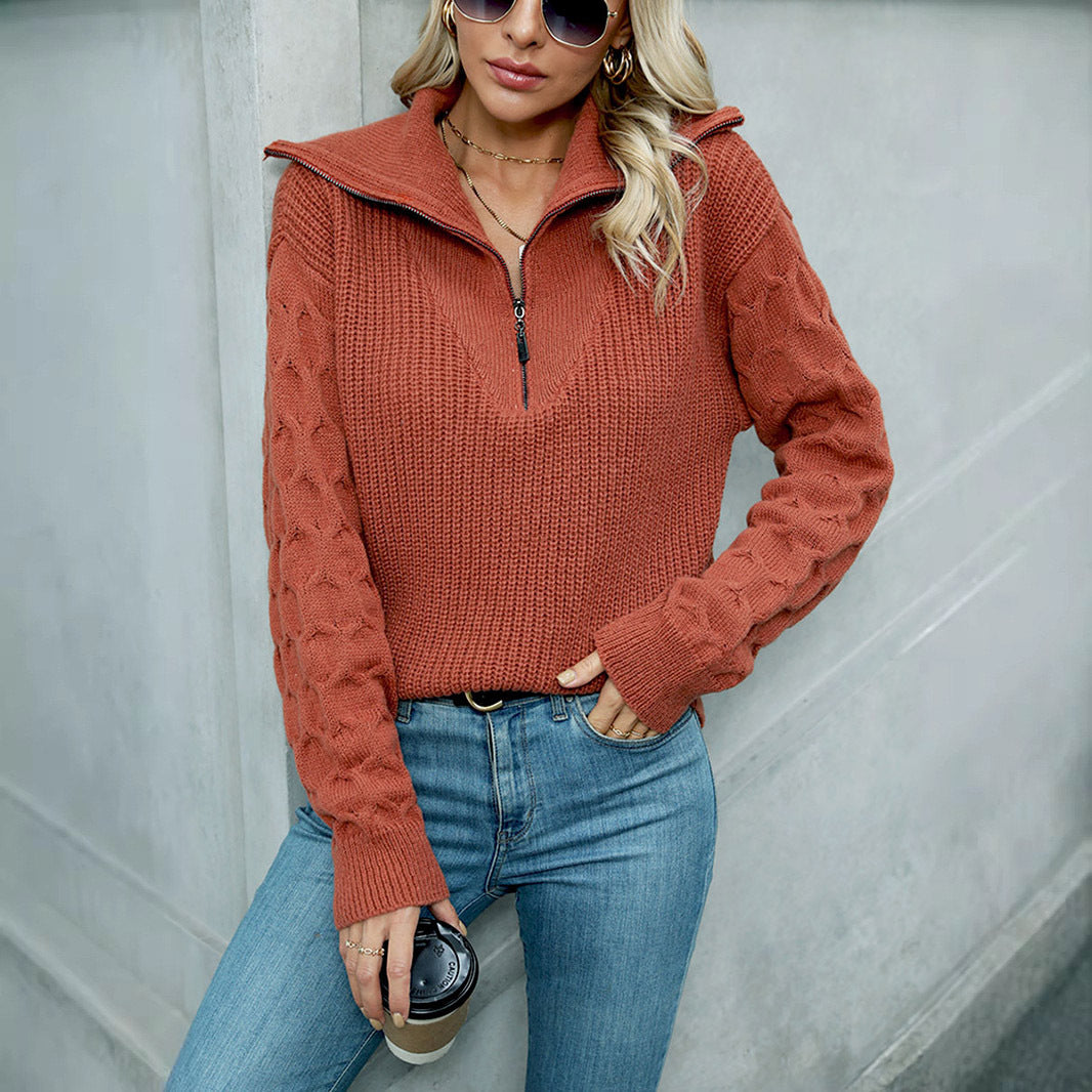 Customizable Zippered Polo Sweater with Large Lapel and Textured Knit Pullover