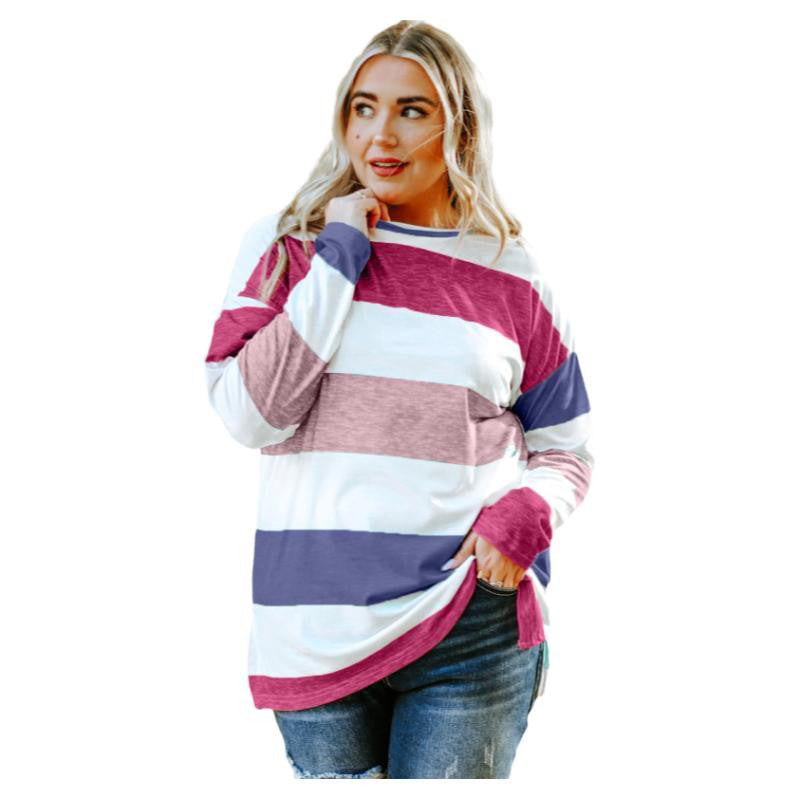 Plus Size Green Color Block Loose Long Sleeve Top