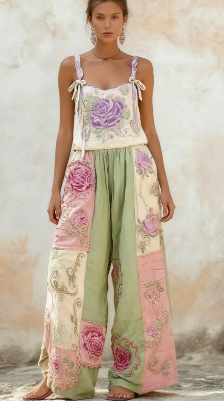 Bohemian Rose Embroidered Floral Patchwork Jumpsuit