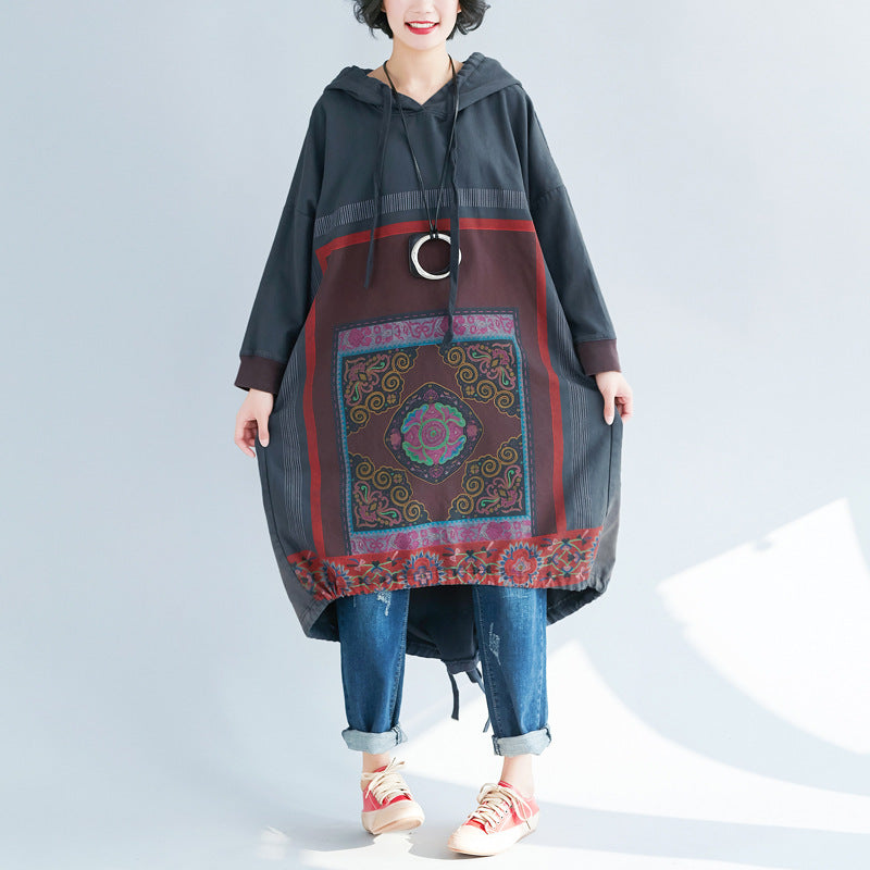 Gradient Print Loose Hooded Sweatshirt Dress