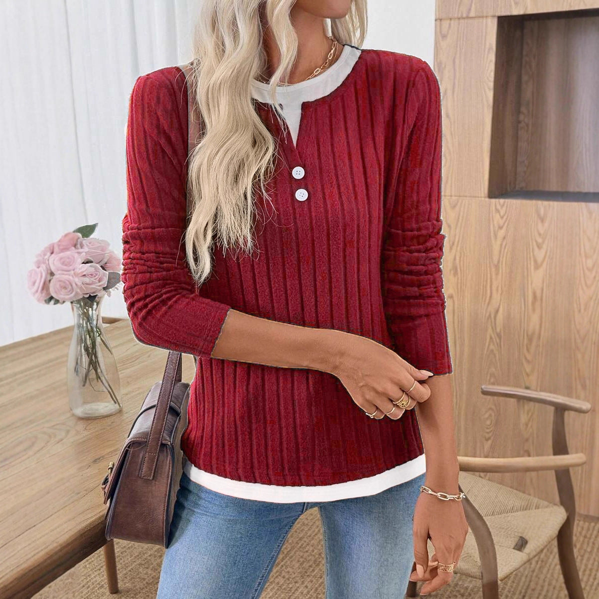 Women's Fake Two-piece Round Neck Button Pullover Grinding Sweater