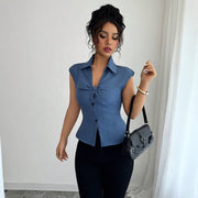Slim-Fit Sleeveless Pleated Blouse – Light Blue Elegant Top