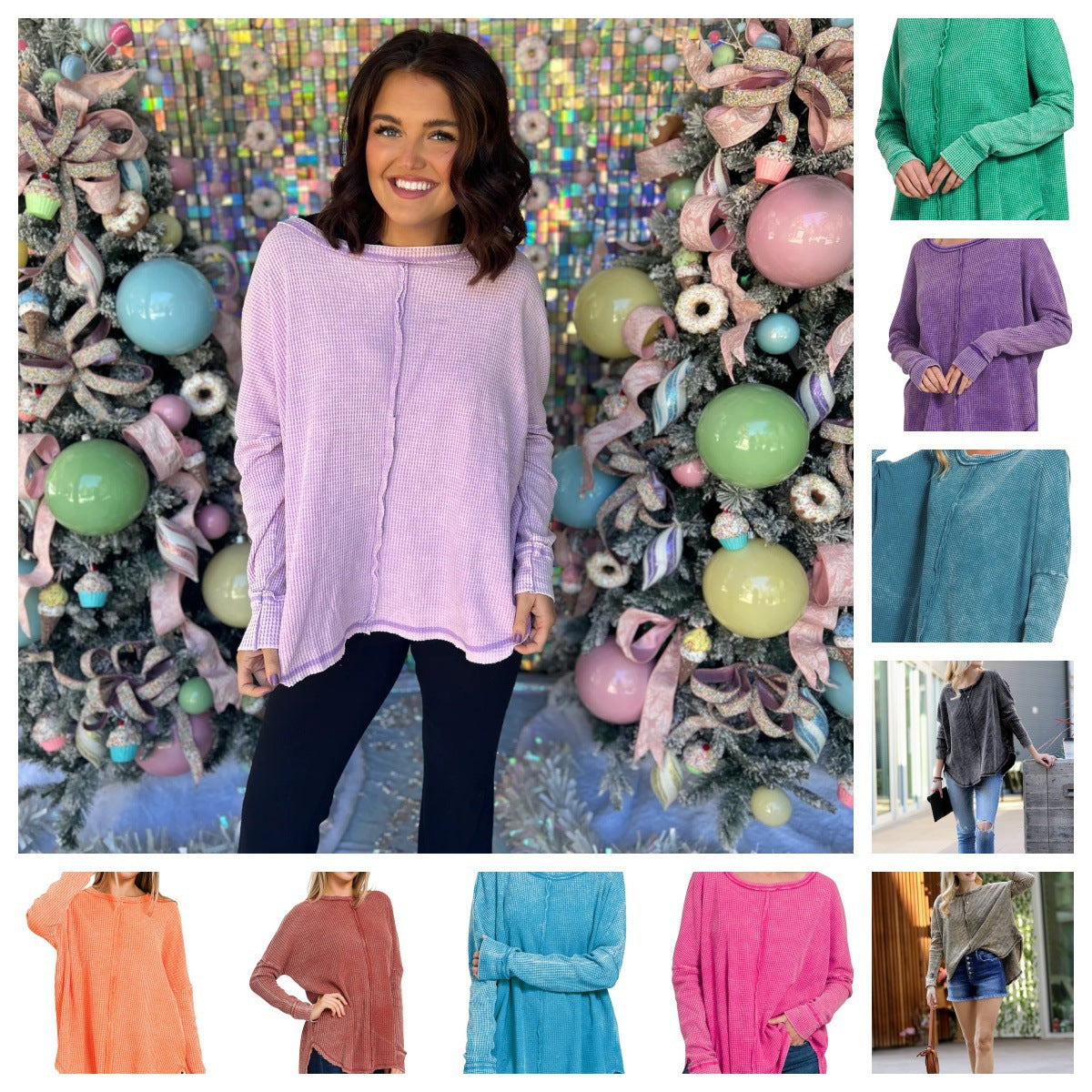 Women's Casual Washed Waffle Long-Sleeve Pullover Top