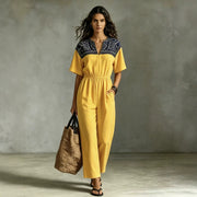 Retro Print V-Neck Short-Sleeve Casual Jumpsuit