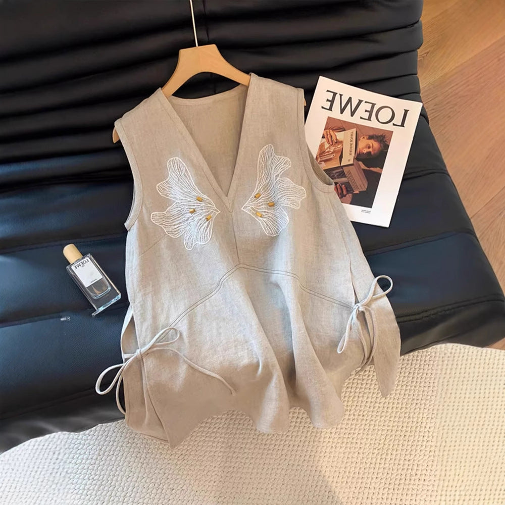 Embroidered V‑Neck Linen Vest – Loose, Slimming Summer Top