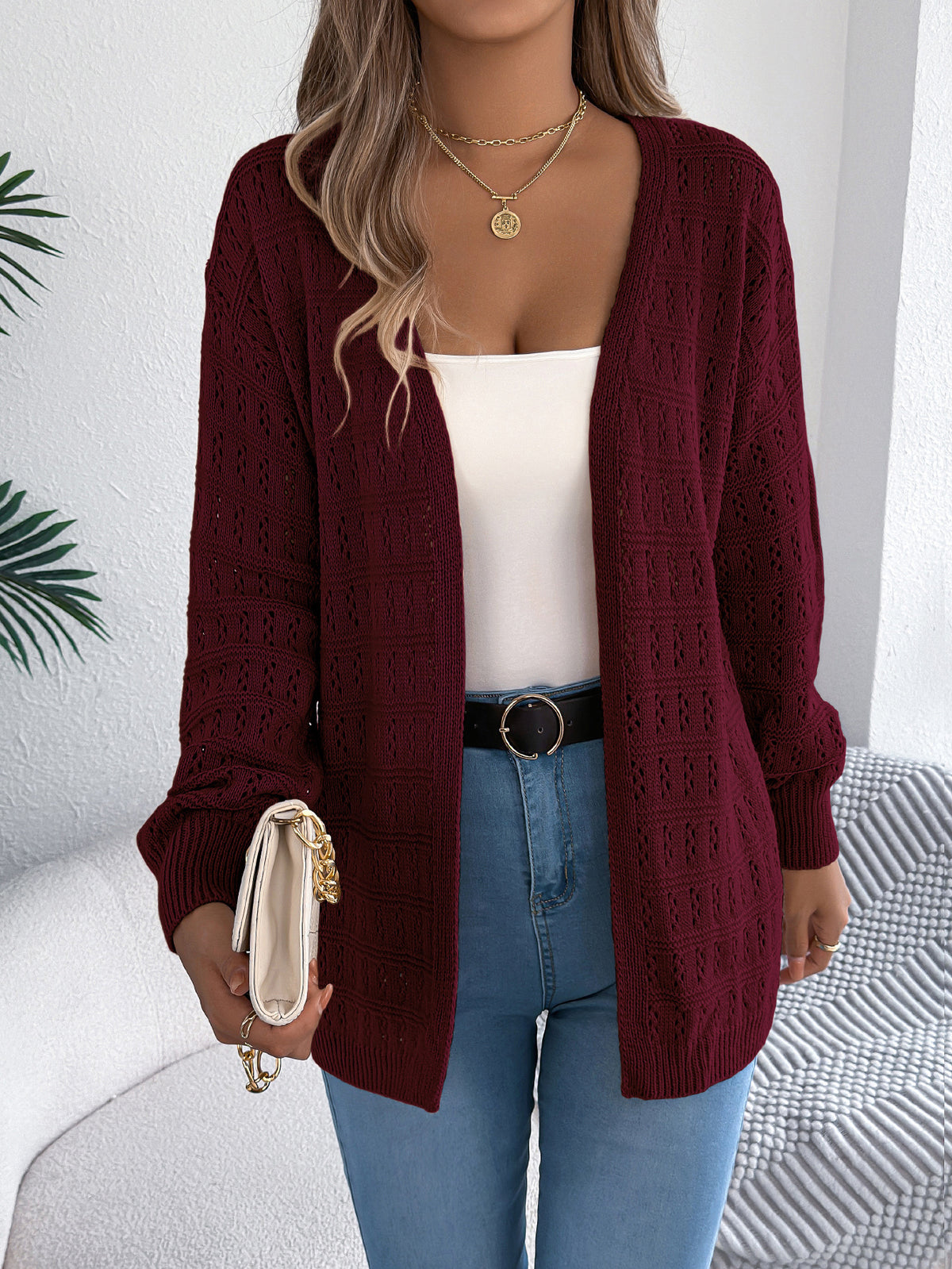 Women Solid Color Hollow Out Lantern Sleeve Long Sleeve Cardigan Sweater Coat