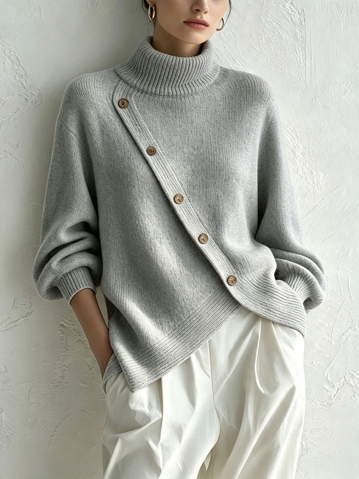 Womens Turtleneck Laid-back Style Sweater with a Slit Knitted Bottoming Piece