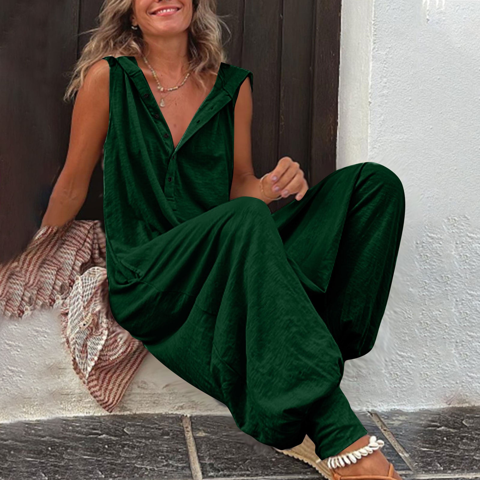 Buttoned Hooded Sleeveless Pants For Women