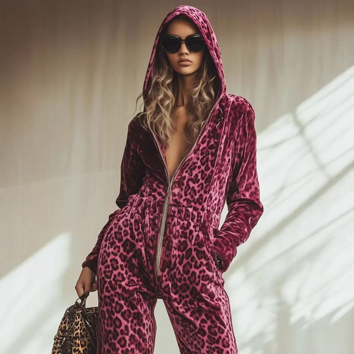 Leopard Print Hooded Long Sleeve Jumpsuit