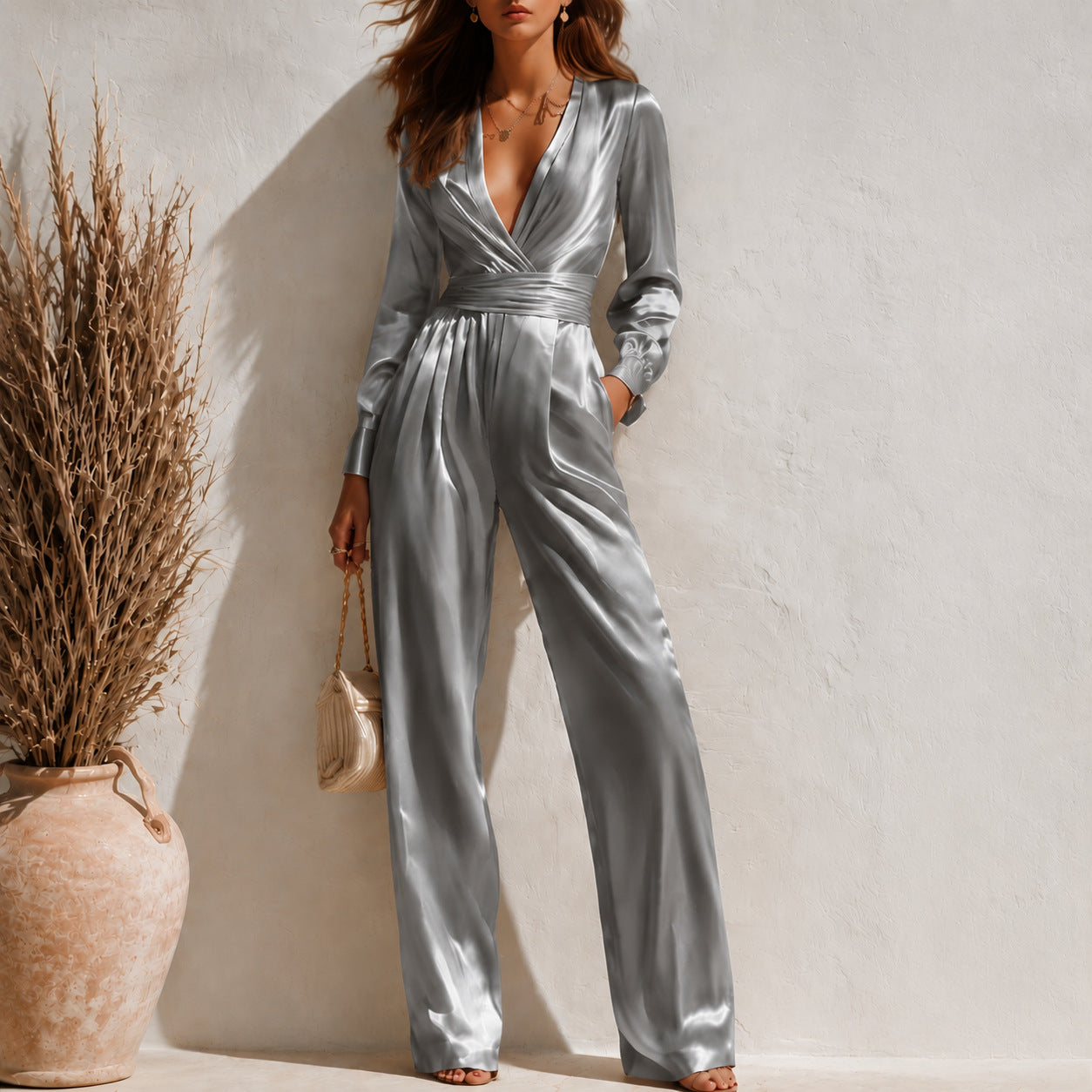 Womens V-neck Long-sleeve Satin Jumpsuit