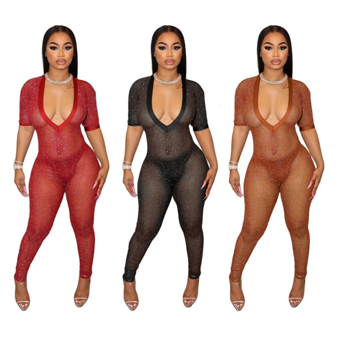 Fashionable Semi-Transparent Wide V-Neck Jumpsuit