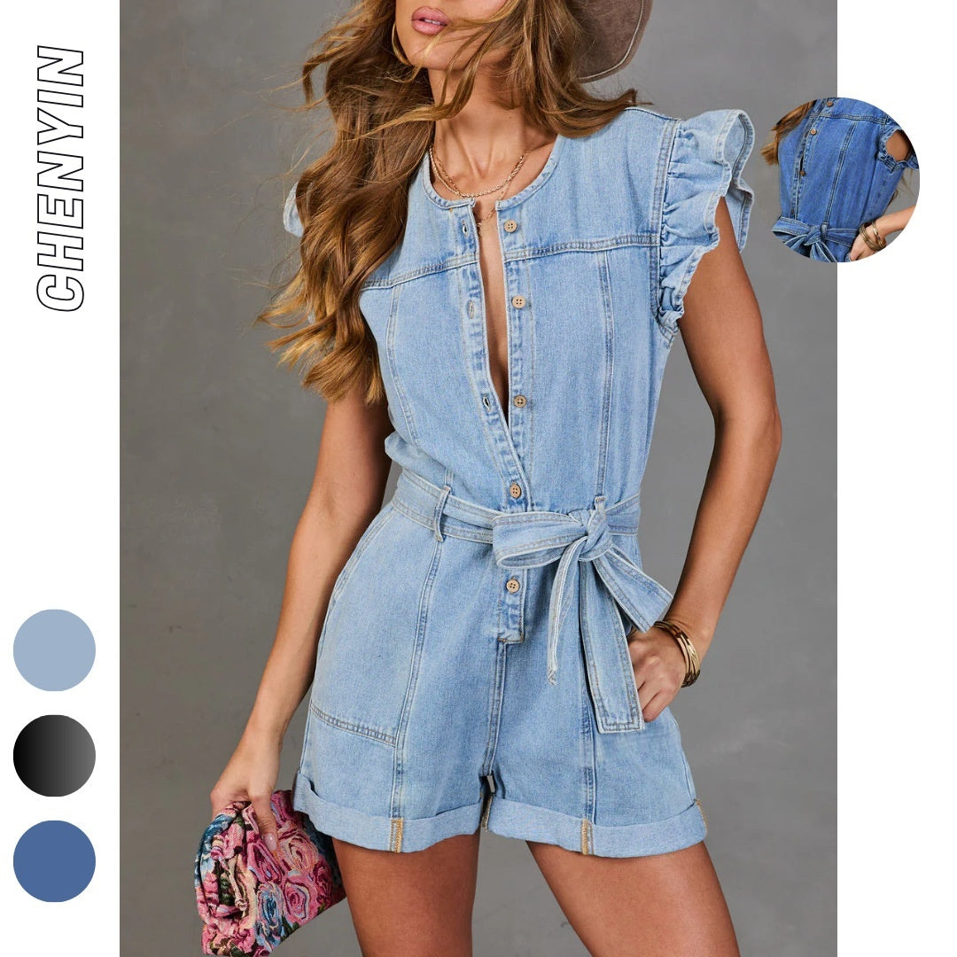 Women's Ruffle Denim Romper Button-Front Shorts Jumpsuit