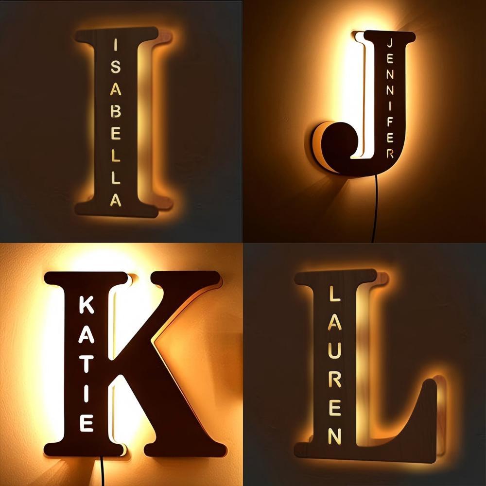 [Personalized Night Light] Customized 26 Letters Wooden Night Light | Personalized Carved Name Letter Lamp, USB Powered LED Light, Bedroom, Wedding, Birthday Wall Decoration, Best Gift for Easter…
