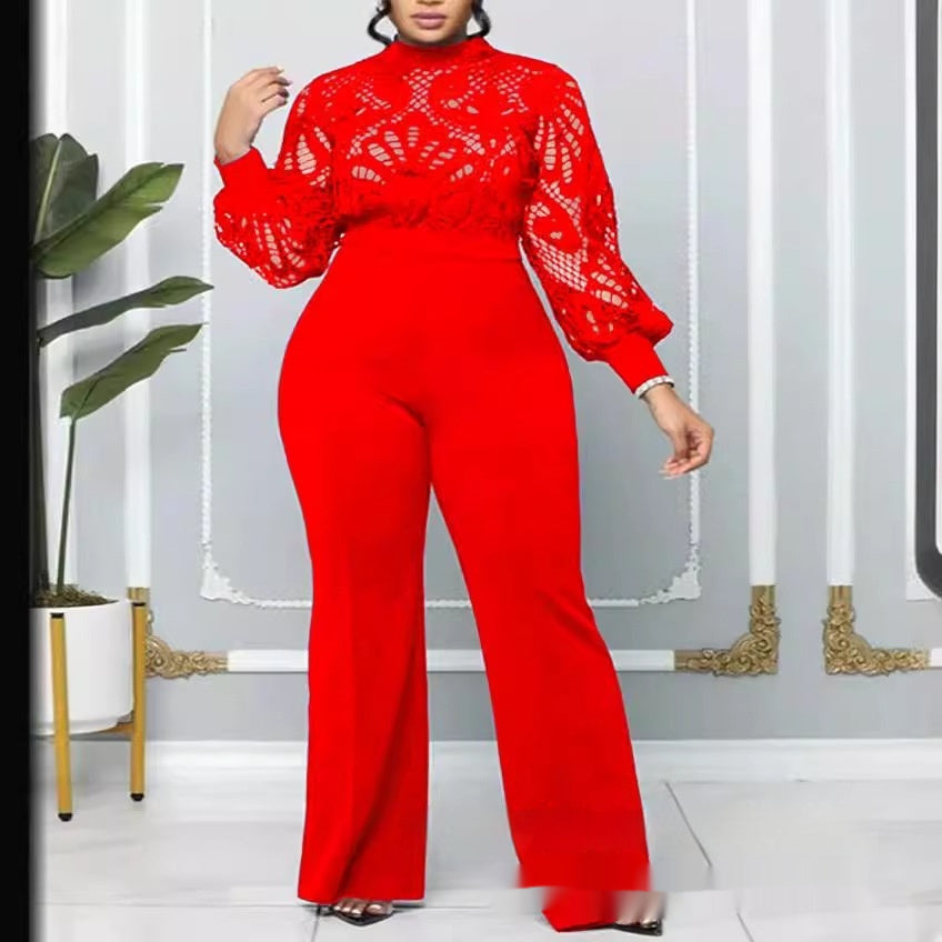 Women's Plus-Size Lace-Trim Casual Jumpsuit