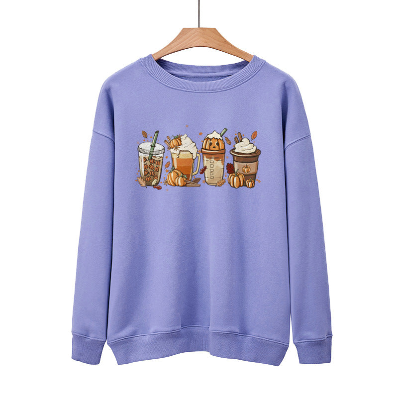 Pumpkin Coffee Halloween Casual Loose Pullover Sweatshirt