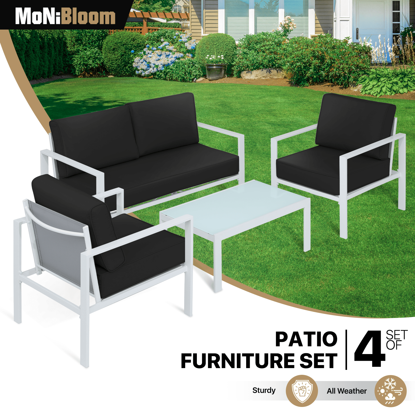 MoNiBloom 4 Pieces Outdoor Patio Furniture, All Weather Conversation Set with Tempered Glass Coffee Table for Garden Backyard Porch Balcony Poolside Deck Lawn, Loveseat and Chairs with Thick Cushions
