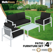 MoNiBloom 4 Pieces Outdoor Patio Furniture, All Weather Conversation Set with Tempered Glass Coffee Table for Garden Backyard Porch Balcony Poolside Deck Lawn, Loveseat and Chairs with Thick Cushions