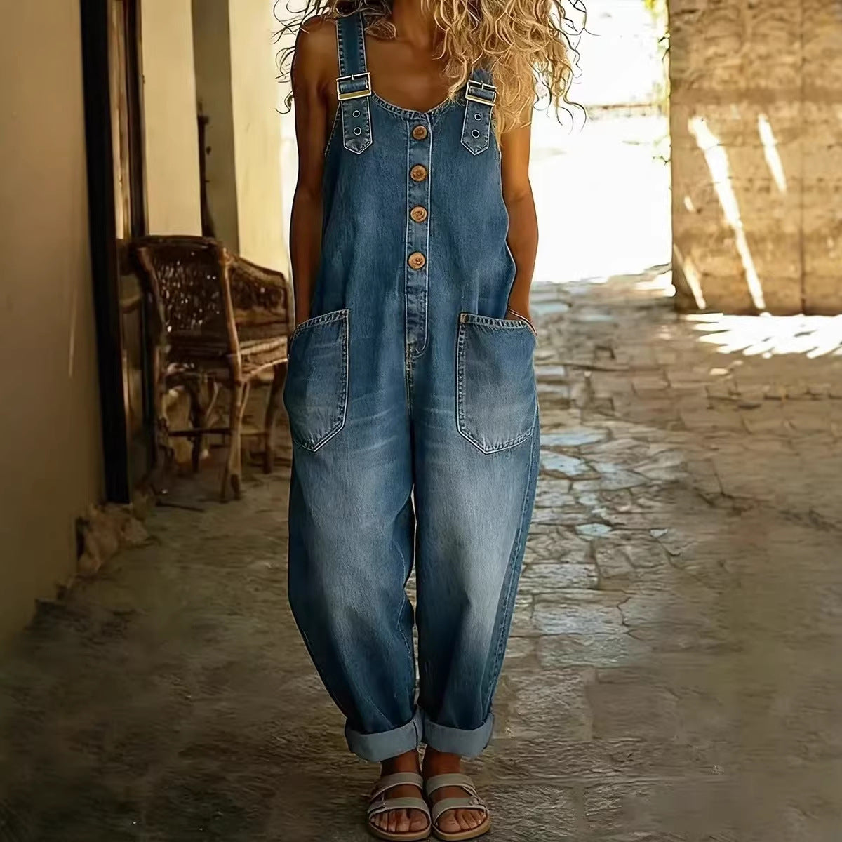 Chic Vintage Denim Suspender Jumpsuit for Women