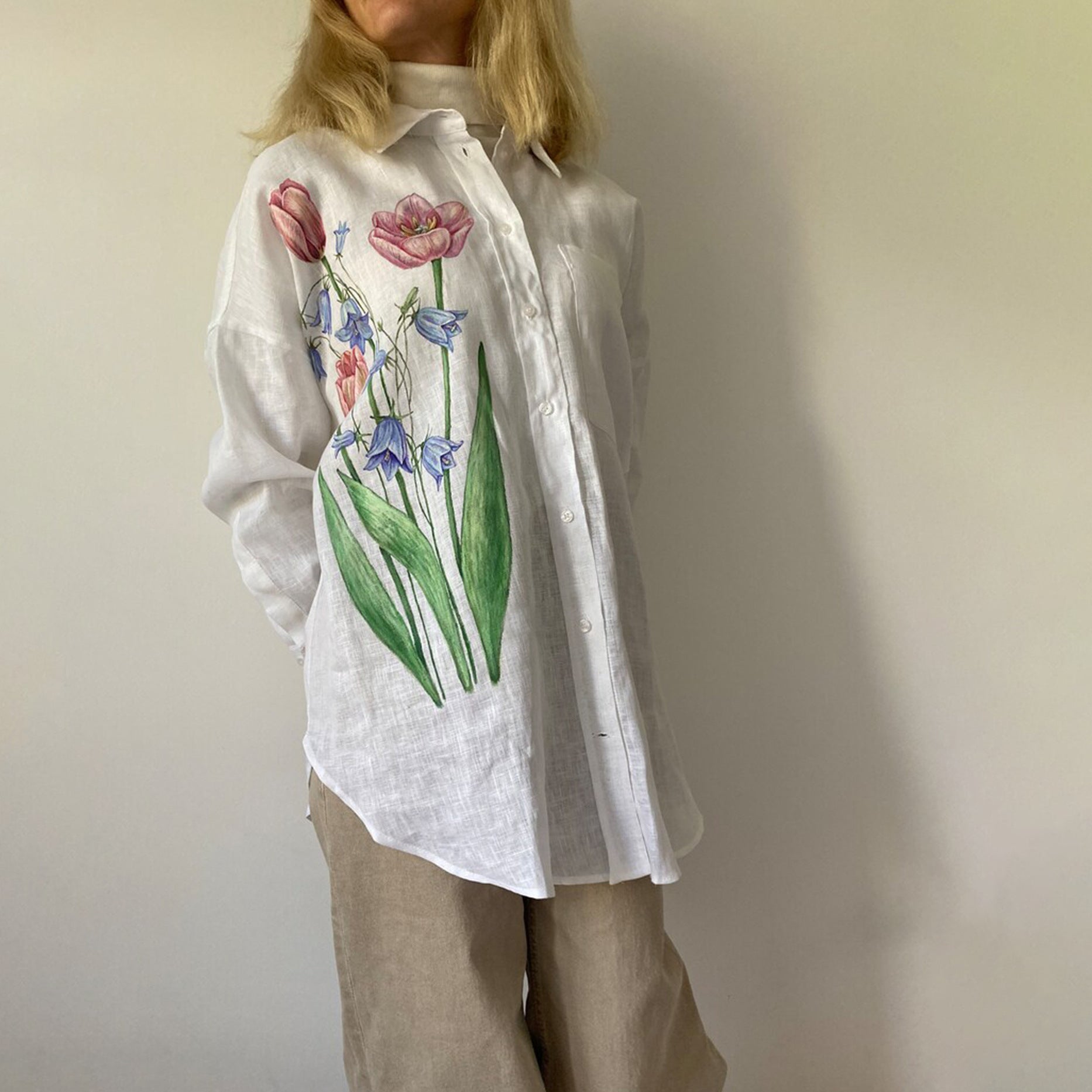 Three-dimensional Hand Crochet Knitted White Flower Printed Cotton And Linen Shirt
